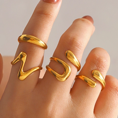 Minimalistischer Edelstahl Unregelmäßiger Geometrischer Offener Ring Für Damen Gold Verstellbarer Geometrischer Linien Ring