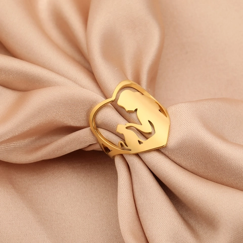 Stainless Steel Hollow Heart Ring Mother Child Cat Silhouette Gold Silver Plated Band Ring Jewelry Gift For Women