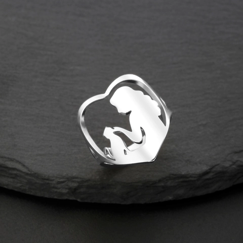 Stainless Steel Hollow Heart Ring Mother Child Cat Silhouette Gold Silver Plated Band Ring Jewelry Gift For Women