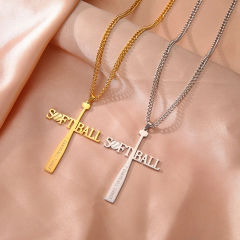 Stainless Steel Softball Cross Necklace For Men Women Hip Hop Baseball Bat Pendant Inspirational Engraved Sports Jewelry