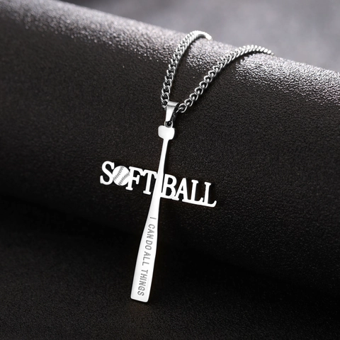 Stainless Steel Softball Cross Necklace For Men Women Hip Hop Baseball Bat Pendant Inspirational Engraved Sports Jewelry