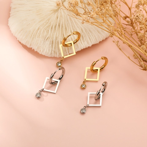 Minimalist Stainless Steel Geometric Square Pendant Hoop Earrings Small Individual Rhinestone Dangle Earrings For Women Fashion Jewelry