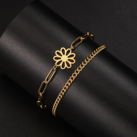 Bohemian Stainless Steel Double Layer Flower Bracelet For Women Gold Silver Plated Hollow Daisy Bead Chain Jewelry Mother's Day Gift