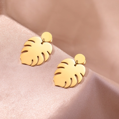 Minimalist Stainless Steel Monstera Leaf Stud Earrings Double Sided Polished Tropical Plant Jewelry For Women Gold Silver Tone