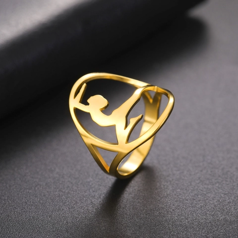 Hollow Gymnast Figure Silhouette Stainless Steel Ring For Women Men 18K Gold Plated Minimalist Sports Art Finger Ring Jewelry