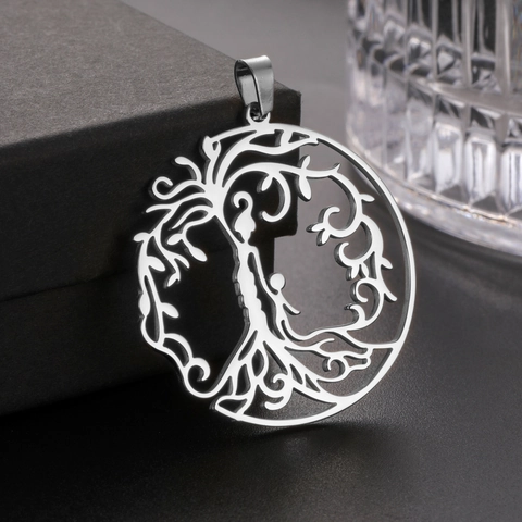 Ciondolo Albero della Vita in Acciaio Inossidabile per Donna Silhouette Famiglia Madre Bambino Bambina Ciondolo Rotondo DIY
