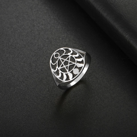 Anillo de Acero Inoxidable Pentagrama Fases de la Luna para Hombre Mujer Calado Wicca Oculto Celestial Boho Vintage Joyería Regalo
