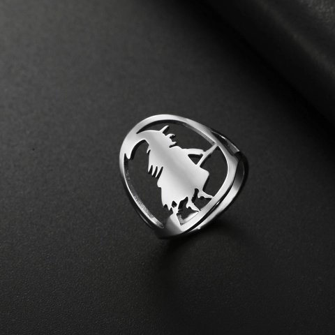 Stainless Steel Hollow Witch Riding Broom Ring Halloween Personalized Silhouette Finger Ring For Men Women Jewelry Gift