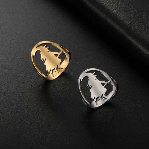 Halloween Heks Op Bezemsteel Holle Roestvrijstalen Ring Vintage Fantasie Sieraden Voor Mannen Vrouwen Feest Cadeau