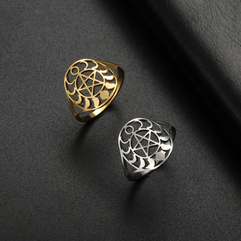 Anillo de Acero Inoxidable Pentagrama Fases de la Luna para Hombre Mujer Calado Wicca Oculto Celestial Boho Vintage Joyería Regalo