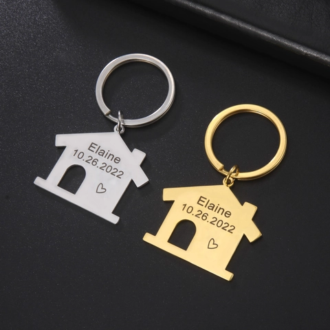 Portachiavi a Forma di Casa in Acciaio al Titanio Design Cuore e Data Portachiavi per Proprietari Regalo di Anniversario Donna Uomo Argento Oro