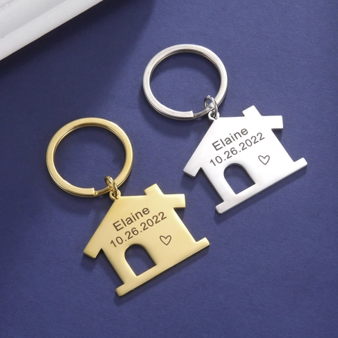 Portachiavi a Forma di Casa in Acciaio al Titanio Design Cuore e Data Portachiavi per Proprietari Regalo di Anniversario Donna Uomo Argento Oro