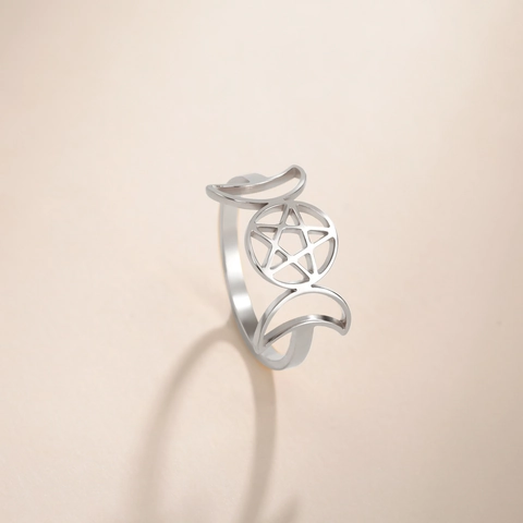 Anillo de Pentagrama de Triple Luna de Acero Inoxidable para Hombres Mujeres Wicca Pagano Místico Fase Lunar Diosa Brujería Anillo Hueco Joyería Regalo