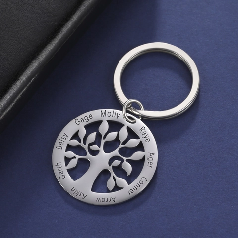 Portachiavi In Acciaio Inossidabile Albero Della Vita Nomi Incisi Personalizzati Ciondolo Tondo Per Regalo Famiglia Amici