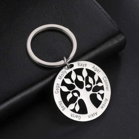 Portachiavi In Acciaio Inossidabile Albero Della Vita Nomi Incisi Personalizzati Ciondolo Tondo Per Regalo Famiglia Amici
