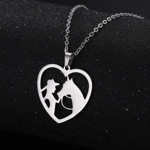 Collana con Pendente a Cuore in Acciaio Inossidabile per Donna Catena a Clavicola con Silhouette di Ragazza e Cavallo