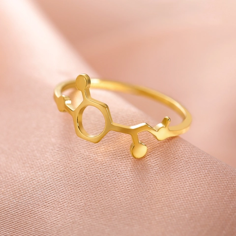 Minimalist Titanium Steel Chemical Molecule Ring Gold Silver Dopamine Serotonin Formula Geometric Ring Science Jewelry For Men Women Gift