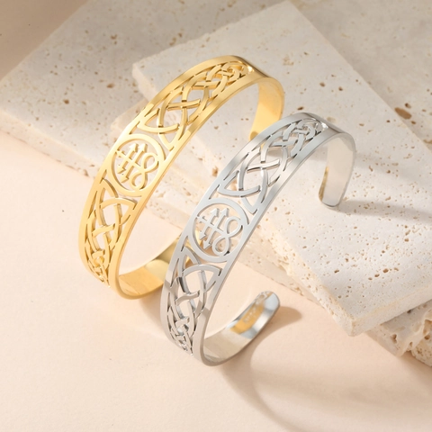 Leviathan Cross Cuff Bracelet Stainless Steel Celtic Knot Hollow Out Bangle For Women Vintage Occult Jewelry Religious Symbol Jewelry