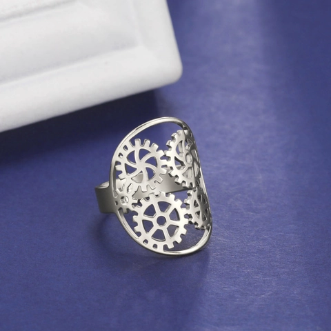 Bague Ouverte Réglable en Acier Inoxydable Creux Engrenage Steampunk Vintage pour Femmes Hommes Bijoux Punk Style Industriel