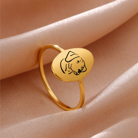 Stainless Steel Dog Head Oval Signet Ring 18K Gold Plated Minimalist Laser Engraved Animal Pet Jewelry For Men Women Gift