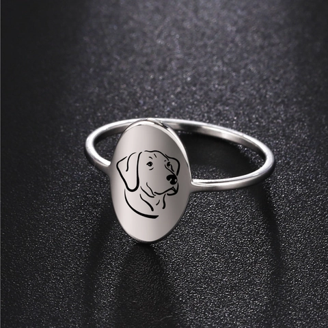 Stainless Steel Dog Head Oval Signet Ring 18K Gold Plated Minimalist Laser Engraved Animal Pet Jewelry For Men Women Gift