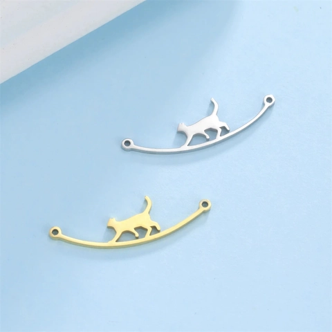 Stainless Steel Cat Walking On Rod Pendant Connector For DIY Necklace Bracelet Earring Jewelry Making Accessories Gold Silver