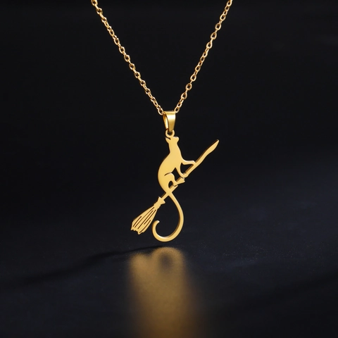 Collar con Colgante de Gato de Bruja en Escoba de Acero Inoxidable Joyería para Mujer Niña Regalo para Amantes de Gatos Oro Plata