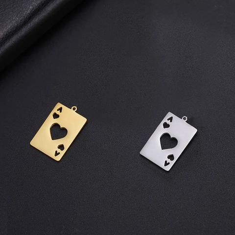 Stainless Steel Ace Of Hearts Playing Card Pendant Hollow Out Hip Hop Rectangular DIY Necklace Keychain Jewelry Making