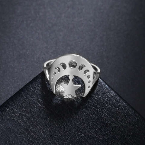 Anello Cavo Stella Luna in Acciaio Inossidabile per Uomo Donna Unico Anello da Dito Celeste Fase Lunare Oro Argento Gioielli