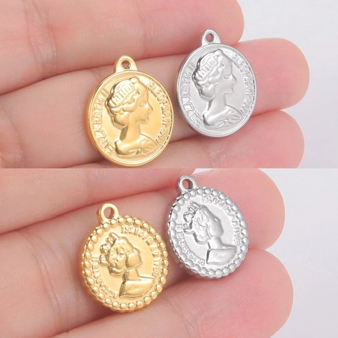 Vintage Stainless Steel Queen Elizabeth II Coin Pendants For DIY Jewelry Making Retro Relief Round Coins Charms Metal Accessories