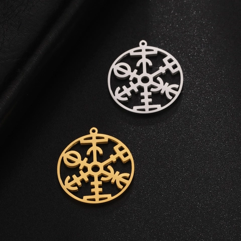 Pendente Vichingo Vegvisir Tondo Traforato in Acciaio Inossidabile Per Creazione Gioielli DIY Accessori Geometrici