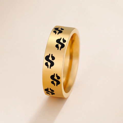 Anello a Fascia con Segno del Dollaro Hip Hop Punk in Acciaio Inossidabile per Uomo Donna Oro Argento Placcato Gioielli