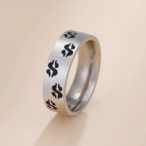 Anello a Fascia con Segno del Dollaro Hip Hop Punk in Acciaio Inossidabile per Uomo Donna Oro Argento Placcato Gioielli