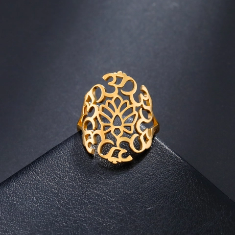 Fashion 304 Stainless Steel Om Symbol Lotus Ring Hollow Design Gold Silver Plated Yoga Meditation Finger Ring Jewelry