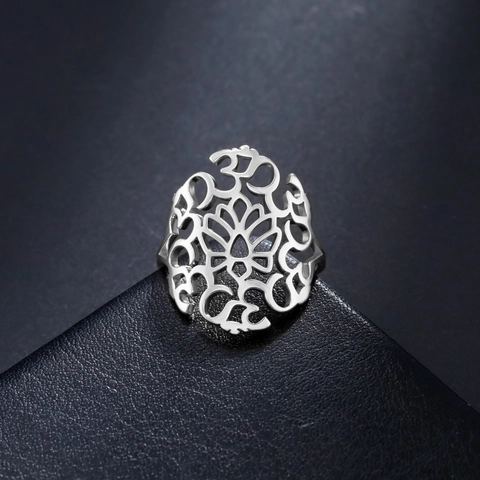 Fashion 304 Stainless Steel Om Symbol Lotus Ring Hollow Design Gold Silver Plated Yoga Meditation Finger Ring Jewelry