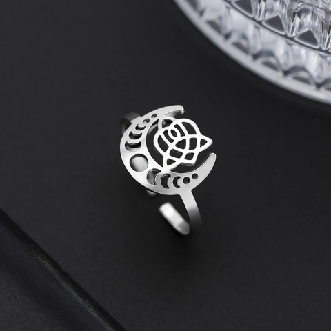 Stainless Steel Crescent Moon Rose Ring Women Men Hollow Celtic Knot Adjustable Open Ring Mystic Bohemian Fashion Style