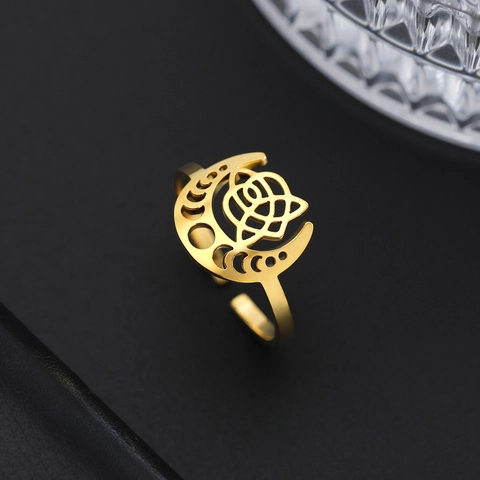 Stainless Steel Crescent Moon Rose Ring Women Men Hollow Celtic Knot Adjustable Open Ring Mystic Bohemian Fashion Style