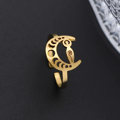 Bohemian Stainless Steel Moon Phase Open Ring Hollow Crescent Moon Goddess Spiral Symbols Adjustable Fashion Jewelry Gift
