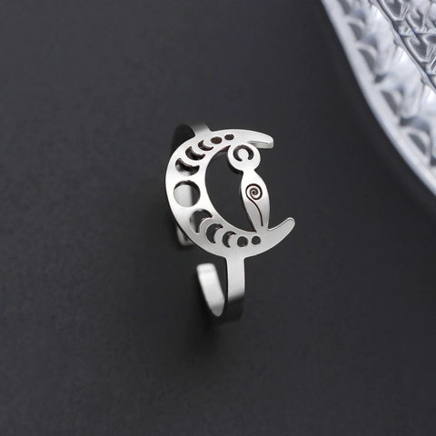 Bohemian Stainless Steel Moon Phase Open Ring Hollow Crescent Moon Goddess Spiral Symbols Adjustable Fashion Jewelry Gift