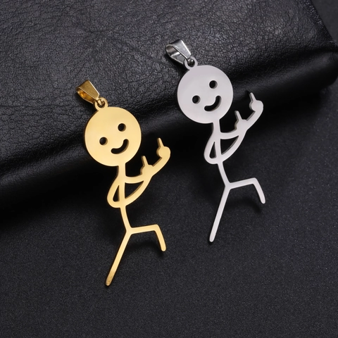 Pendentif Drôle Créatif Bonhomme Allumette Doigt d'Honneur Acier Inoxydable Hip Hop Visage Souriant Homme DIY Accessoire Bijoux