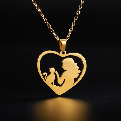 Hollow Heart Silhouette Woman And Cat Pendant Necklace Stainless Steel Jewelry For Women Girls Pet Lover Gift Fashion Commute Daily Necklace