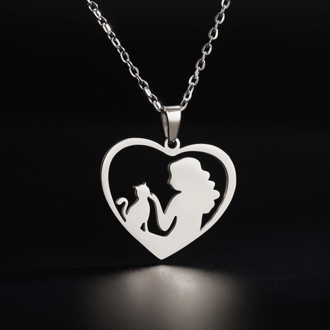 Hollow Heart Silhouette Woman And Cat Pendant Necklace Stainless Steel Jewelry For Women Girls Pet Lover Gift Fashion Commute Daily Necklace