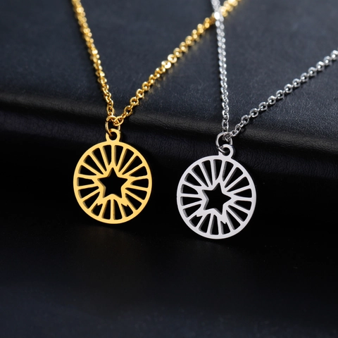 Roestvrijstalen Stermotief Hanger Ketting Voor Vrouwen Holle Ronde Schijf Pentagram Stralende Ster Ketting Mode Sieraden Cadeau