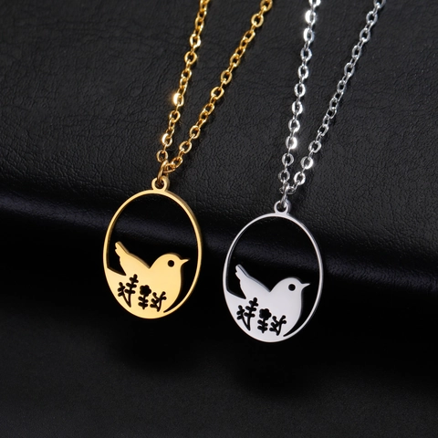 Women Minimalist Stainless Steel Bird Flower Hollow Pendant Necklace Gold Silver Plated Nature Animal Design Jewelry Gift