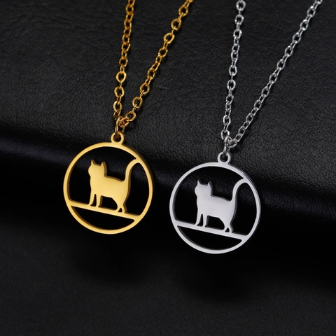 Minimalist Stainless Steel Cat Pendant Necklace For Women Men Gold Silver Plated Animal Kitten Silhouette Hollow Circular Charm Fashion Jewelry Gift