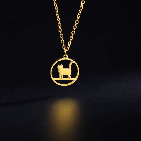 Minimalist Stainless Steel Cat Pendant Necklace For Women Men Gold Silver Plated Animal Kitten Silhouette Hollow Circular Charm Fashion Jewelry Gift