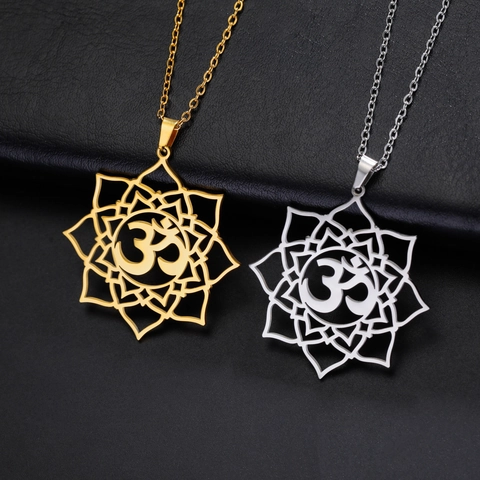 Stainless Steel Om Lotus Yoga Pendant Necklace 18K Gold Plated Mandala Sun Moon Hollow Geometric Charm Jewelry For Women