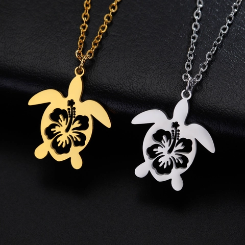 Halskette Aus Edelstahl Mit Hohlem Schildkröten Anhänger Hibiskusblüten Muster Gold Silber Plattiert Strand Schmuck Damen