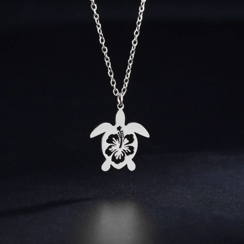 Halskette Aus Edelstahl Mit Hohlem Schildkröten Anhänger Hibiskusblüten Muster Gold Silber Plattiert Strand Schmuck Damen