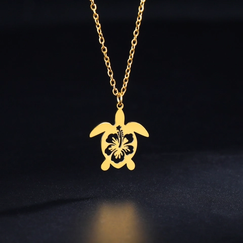 Roestvrijstalen Ketting Met Zeeschildpad Hanger En Hibiscusbloem Voor Heren Vrouwen Hiphop 18K Vergulde Sieraden